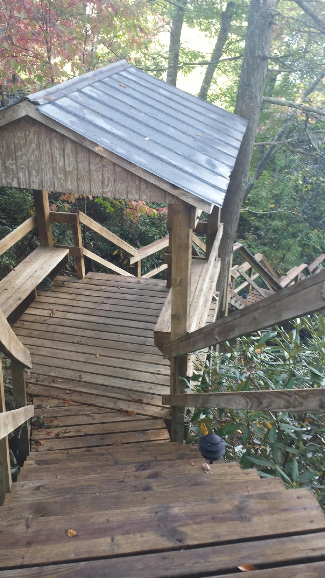 Metal roofed shelter over wooden steps on a wooded walkway — Skylight Repair & Installation work by our crew in Pinola